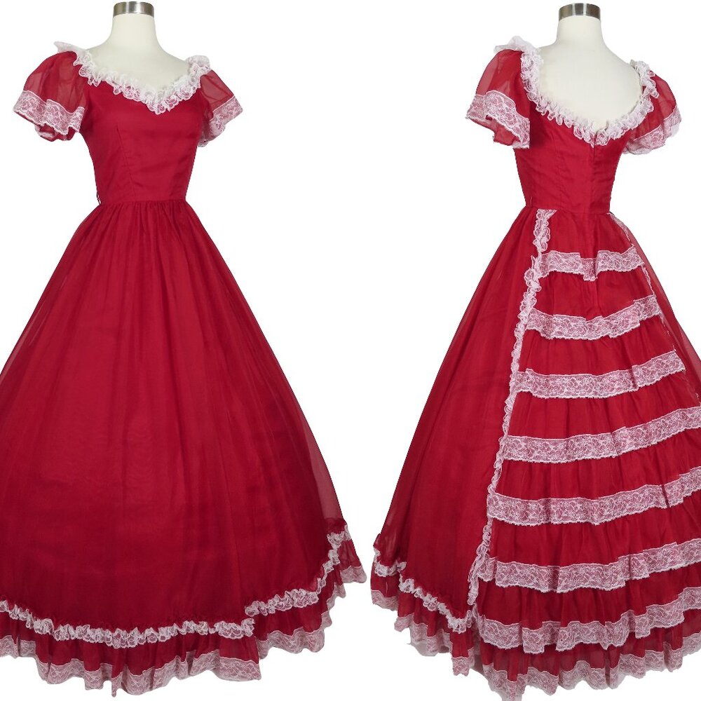 Vintage 70s 80s Red White Lace Tiered Full Skirt Ballgown Prom Party Gown XS